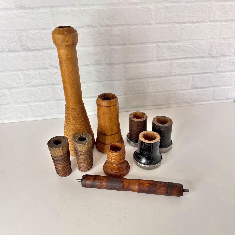 Vintage Antique Wooden Spools Textile Mill Thread Bobbin Candle Holder Lot